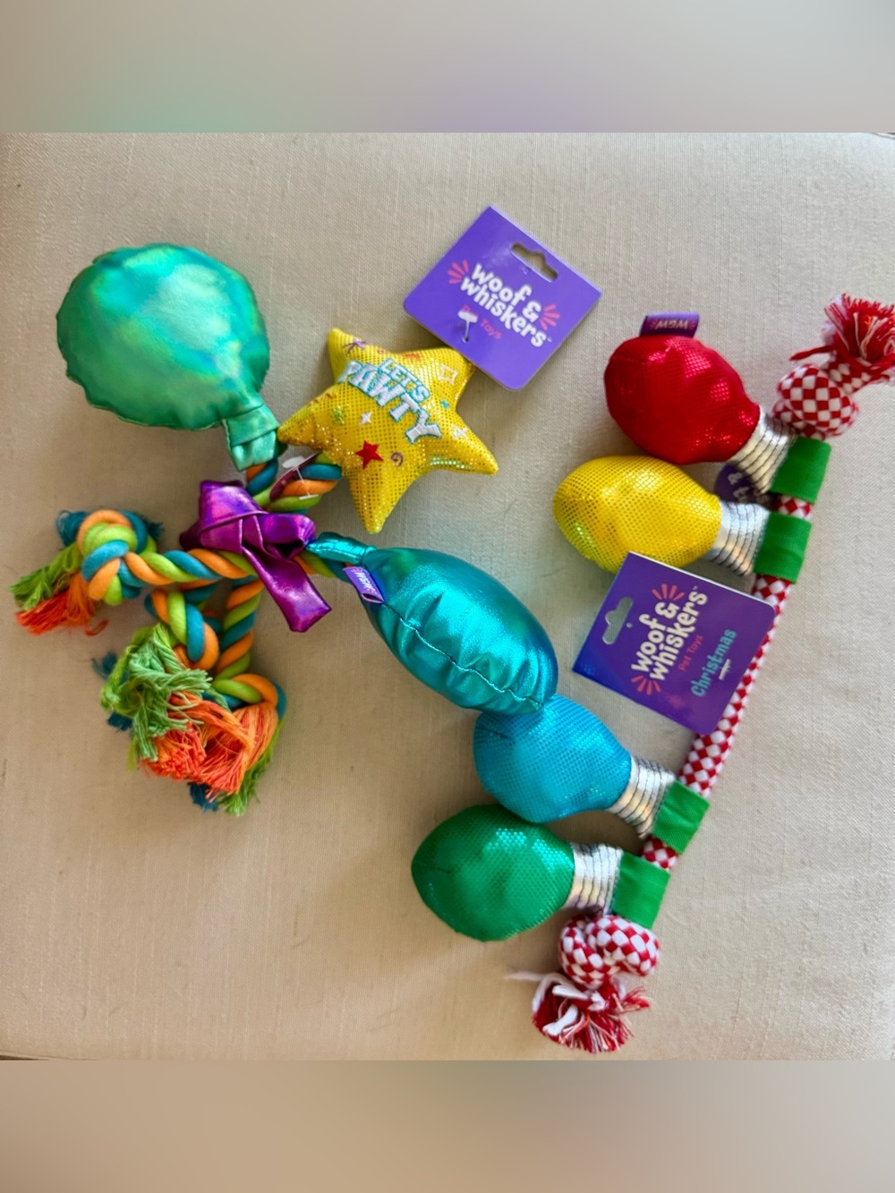 Woof & Whiskers Colorful Dog Rope Toys: Let’s Pawty & Holiday Lights Bundle